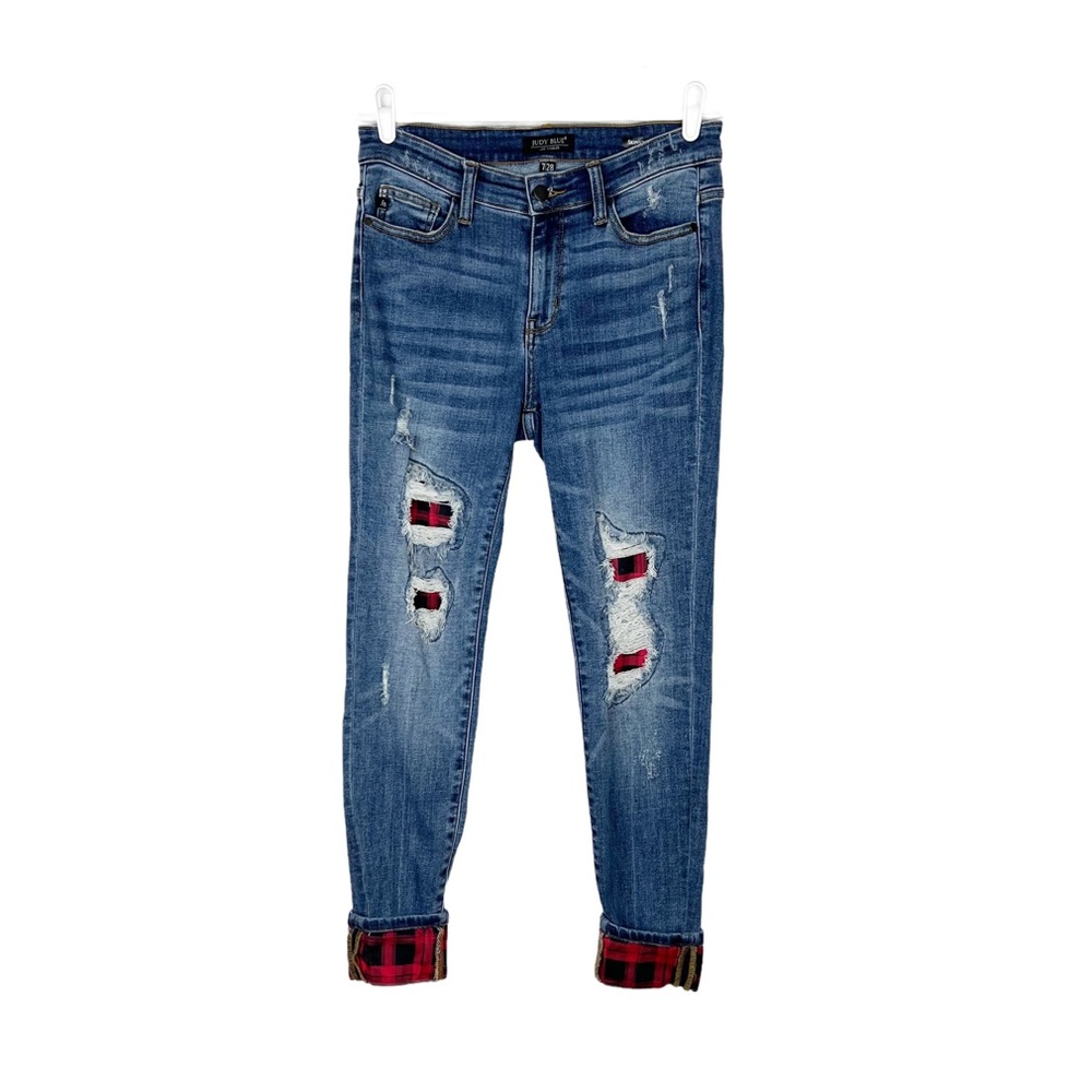 Judy Blue Buffalo Check Plaid Women's Size 5 Distressed Skinny Fit Denim Jeans
